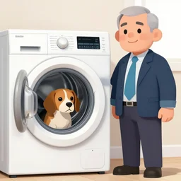 fauci standing next to a washing machine with a beagle in it