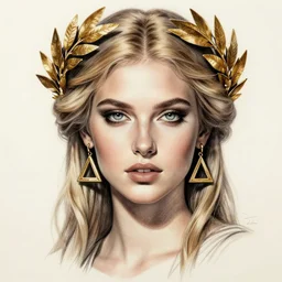 front view of beautiful super model aphrodite greek goddess wearing a gold laurel wreath and triangle earrings, realism tattoo sketch, beautiful piercing gaze with sharp pupils, beautiful blonde hair, in the style of greg rutkowski, fantasy, amazing detail, epic, elegant, smooth, sharp focus
