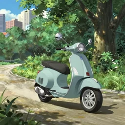 glitch vespa action shot racing through the city of trees flcl by makoto shinkai concept art by syd mead