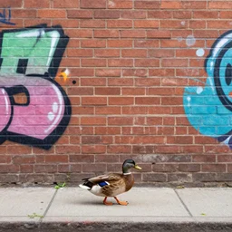 a duck walking across the sidewalk, graffiti art on a brick wall