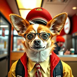 a person who is a mixture of the taco - chihuahua and ronald mcdonald and colonel sanders, inside a fast - food restaurant.