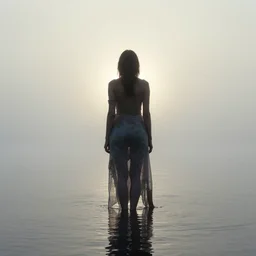 a woman, standing in shallow endless water, foggy, backlit, wearing amazing clothes, backlit, photo by Marat Safin, Canon EOS R3, f/1.4, ISO 200, 1/160s, 8K, RAW, unedited, symmetrical balance, in-frame
