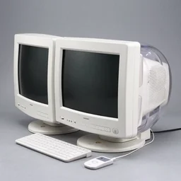 early 2010s blobject fat 2-in-1 computer+monitor combo. Bulbous, bulky machine. clear plastic and white plastic. CRT monitor. KBDMOUSE. ipod classic style. whites and grays. 2006 720p photography