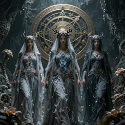 The three moiras, dressed in robes of veils and storms with intricate jewels and intricate branches with a biocomputer center, on an epic  oroboros, behind a large and detailed sculpted astrolabe, inside a cave with  biomechanical flowers, dramatic atmosphere, Diffused lighting, highly detailed digital art, trending on artstation, depth of field