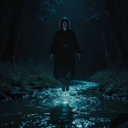 dark eerie movie frame, a mystical man levitating above the magic shining river styx, at night, otherworldly, dreamlike stanley kubrick, 1 7 mm, panorama shot, surreal, deep, detailed 4 k