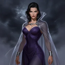 Full portrait of Electromancer, gorgeous, male, beautiful face, dark purple garments, grey robes, silver bracelets, transparent cloak from neck to ankles, pin-up, highly detailed, detailed face, storm background, smooth, sharp focus, digital painting, illustration, by by Albert Aublet, Krenz Cushart, WLOP and Sakimichan, artstation, chiaroscuro