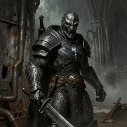character portrait of the doomslayer from doom 2 0 1 6 in a gothic church, rusty metal walls, broken pipes, dark colors, muted colors, tense atmosphere, mist floats in the air, amazing value control, muted colors, moody colors, dramatic lighting, john singer sargent, in the style of frank frazetta