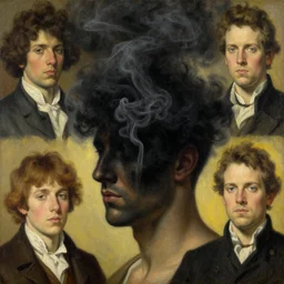 my head is covered with black smoke, a painting by john harris, barlowe wayne, maxfield parrish, gustave dore and marco mazzoni. hyper detailed.