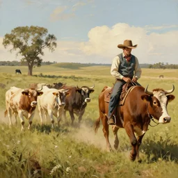 a cowboy herding cattle, western art
