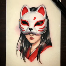 a girl with a kitsune mask, drawing for a neotraditional tattoo design,