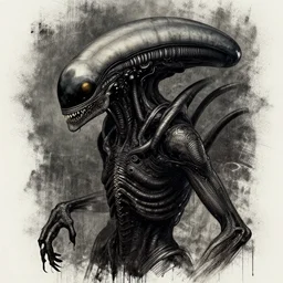 by Leonardo da Vinci, Giger's alien, 8k, dark colors, sprayed with acetone