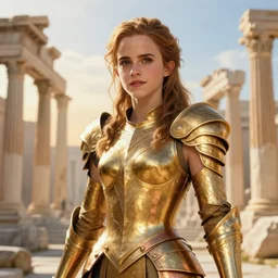 portrait of emma watson as knights of zodiac girl, golden and copper shining armor, in ruined agora of athens sunrise, ssci - fi and fantasy, intricate and very very beautiful and elegant, highly detailed, digital painting, artstation, concept art, smooth and sharp focus, illustration, art by ilya kuvshinov and tian zi and wlop and z - - ed