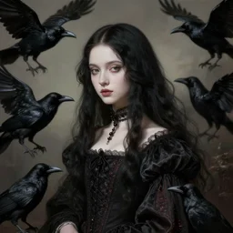 portrait of a dark haired girl, long hair, pale beautiful gentle face, intricate goth dress, among ravens, highly detailed, deep focus, elegant, digital painting, smooth, sharp focus, golden ratio, illustration, ultra realistic, 8 k, art by artemisia lomi gentileschi and caravaggio