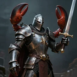a photo of the Lobster Knight with a claw arm and a human arm holding a sword, 8k, hyper realistic,fine details, foreboding