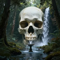 stunning illustration, forest, huge skull head, waterfall, fountain, darkness, light, river, render