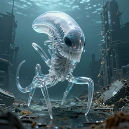 3D render of an single transparent xenomorph in  a gigantic city ruined underwater environment,  omnious , elegant,  reflections, focus, detailed, realistic eyes, horizontal partial symmetry features proportions, intricate facial skin details, award winning, trending in cgsociety artstation deviant art, octane render