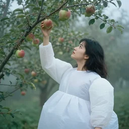 a closeup portrait of a woman wearing an inflatable dress, picking apples from a tree, foggy, moody, photograph, by vincent desiderio, canon eos c 3 0 0, ƒ 1. 8, 3 5 mm, 8 k, medium - format print