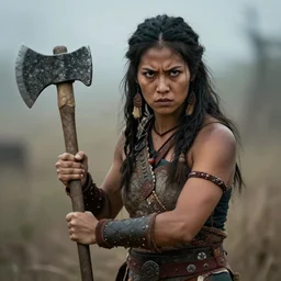 a neolithic tribe warrior princess holding a stone axe, fearsome look,