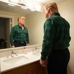 ultra wide angle photo of donald trump dressed in a a green flannel shirt and black dress pants as clark kent looking at himself in a bathroom mirror and seeing his reflection as superman