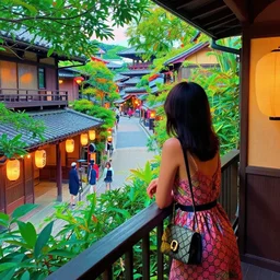 a vibrant dream of nostalgic psychedelic hallucination of a girl on a balcony looking over a street in kyoto japan, lush plants and lanterns, a woman wearing a gucci dress, high fashion, by moebius, edward hopper and james gilleard, zdzislaw beksinski, steven outram hd, 8 k, artstation