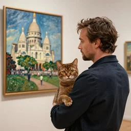 the artists of montmartre paris, ewan mcgregor is watching paintings. ewan mcgregor is carrying a brown cat with yellow eyes