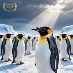 an illustration of a penguin with sunglasses, watching other penguins in the north pole