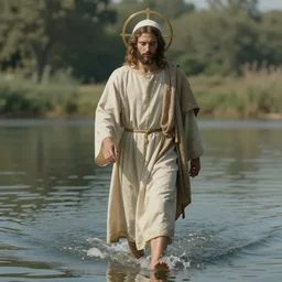 a holy saint walking on water. photorealism. pseudo realistic. detailed. 4 k masterpiece. cgsociety. by tianhua xu. by gaston bussiere.
