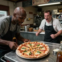 a bald black putting a pizza in owen while the restaurant owner is yelling at him, security camera footage, high definition