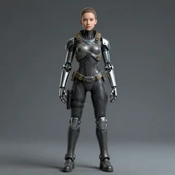girl android with a human face, two eyes, a neat nose, lips, full-length, dressed in tactical armor, right arm prosthetic chrome, cyberpunk style hyperrealistic octane render