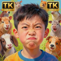 a bright and colorful detailed photorealistic painting of a funny looking character. the character is making a silly face and the background is filled with happy looking animals. high quality. photorealistic. hq. hd. 4 k. award winning. trending on artstation