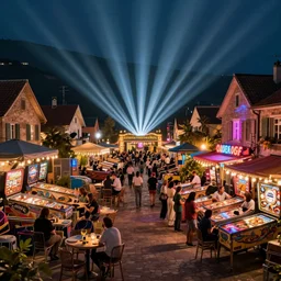 restaurant festival in a small town, in the style of python anghelo, the comet, cyclone, pinball machine