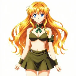 very beautiful young anime girl with orange hair, dressed in soviet pioneer uniform, full body, long wavy blonde hair, sky blue eyes, full round face, bikini, miniskirt, front view, middle, highly detailed, colored manga drawing by wlop popular on artstation