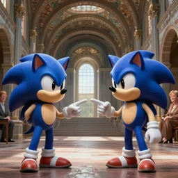 sonic and angela merkel finger pointing as in the sixtin chapel world famous painting, adam and god, fresco, intricate, cinematic, artstation, william bouguereau, alphonse mucha, greg rutkowski, stanley kubrick, octane render
