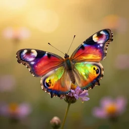 a colorful butterfly, golden hour, bokeh, colorful, chroma, underdimensional, everdimensional, floral