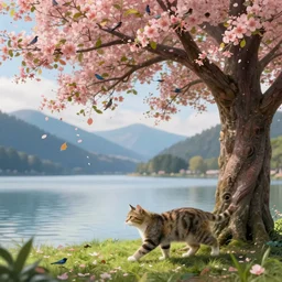 a beautiful awesome artistic tree cat walks next to a tree, tree with falling flowers like leaves and many birds, all in the amazing outdoors view, mountain in the background, lake, long exposure, 8 k resolution, trending on artstation