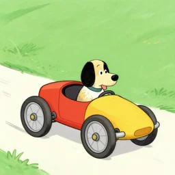 a dog riding a race car in the style of P.D. Eastman