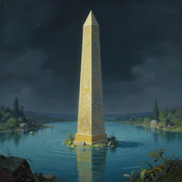 a painting of a magical obelisk in the middle of a lake, a detailed matte painting by tyler edlin, surrealism, pixiv contest winner, fantasy art, concept art, trending on artstation hq