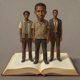 a painting of three brown men astanding on top of a giant open book, hyperrealistic faces, detailed digital art, aesthetic!, trending on artstation
