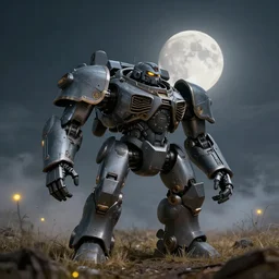 a very big grey giant mechanical weapons battle armor mechwarrior on a patch of withered grass, dim sky, very big moon, some smoke, a little bit yellow lights, smooth, sharp focus, superior quality, 8 k, cinematic lighting, octane render, wide angle, by bilibin, kuvshinov, malevich and mucha