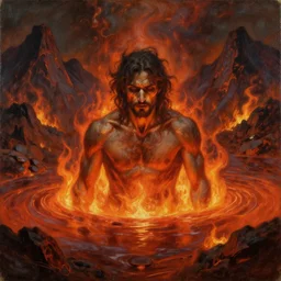 portrait of a man suffering in hell, engulfed in a lake of brimstone, surrounded by burning mountains, oil on canvas trending on artstation