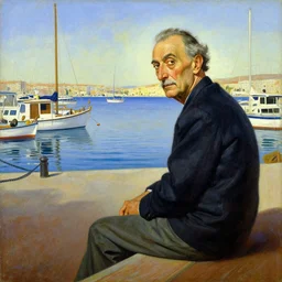 painting by salvador dali of a senior caucasian man, sitting on a deck near the harbor, boats and water. it i a beautiful summer day