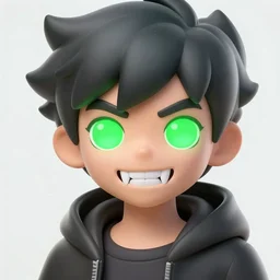 A digital matte intricate illustration concept art of young Danny phantom with glowing green eyes and sharp teeth fangs alt art fashion inspired art by Charlie Bowater and WLOP and Mark Arian and Ross Tran + neon colors, symmetry , intricate complexity, epic composition, magical atmosphere, highly detailed, cinematic lighting + masterpiece, trending on artstation + 8k