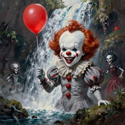 grunge painting of a waterfall with a wide smile and a red balloon by chris leib, loony toons style, pennywise style, corpse bride style, creepy lighting, horror theme, detailed, elegant, intricate, conceptual, volumetric light
