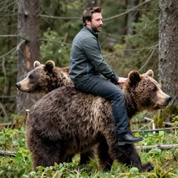 photo of a brown bear riding on the back of ben affleck in the forest