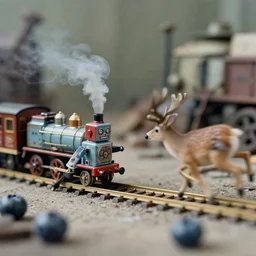 kodak portra 4 0 0, wetplate, muted colours, blueberry, action photography, 1 9 2 0 s, long shot, macro photo of a colourful tin toy robot running a slightly smoking steam engine on a steampunk junkyard and meets a steampunk deer, motion blur, tiny gaussian blur, depth of field