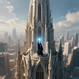 A futuristic cityscape, dominated by the massive tower of a cathedral. A wizard stands on its roof, holding up a glowing orb