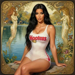 candid photo of kim kardashian wearing a hooters outfit, sat by a lake, fantasy, intricate, elegant, highly detailed, digital painting, artstation, concept art, smooth, sharp focus, illustration, art by artgerm and greg rutkowski and alphonse mucha