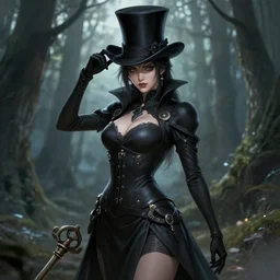character concept art of a dark fantasy female pyromancer, skintight dress, top hat, finesse, key visual, realistic shaded perfect face, fine details, forest background, smooth, highly detailed, digital illustration, by stanley artgerm lau, wlop, rossdraws, james jean, andrei riabovitchev, marc simonetti, and sakimichan