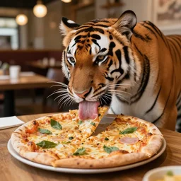 a tiger licking a pizza in a restaurant photo realistic