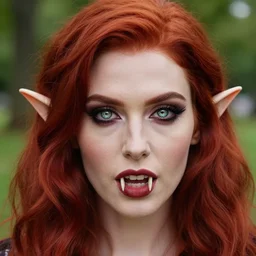 award winning 5 5 mm close up face portrait photo of an anesthetic and beautiful redhead vampire elf lady who looks directly at the camera with bloodred wavy hair, intricate eyes that look like gems and long sharp fangs, in a park by luis royo. rule of thirds.